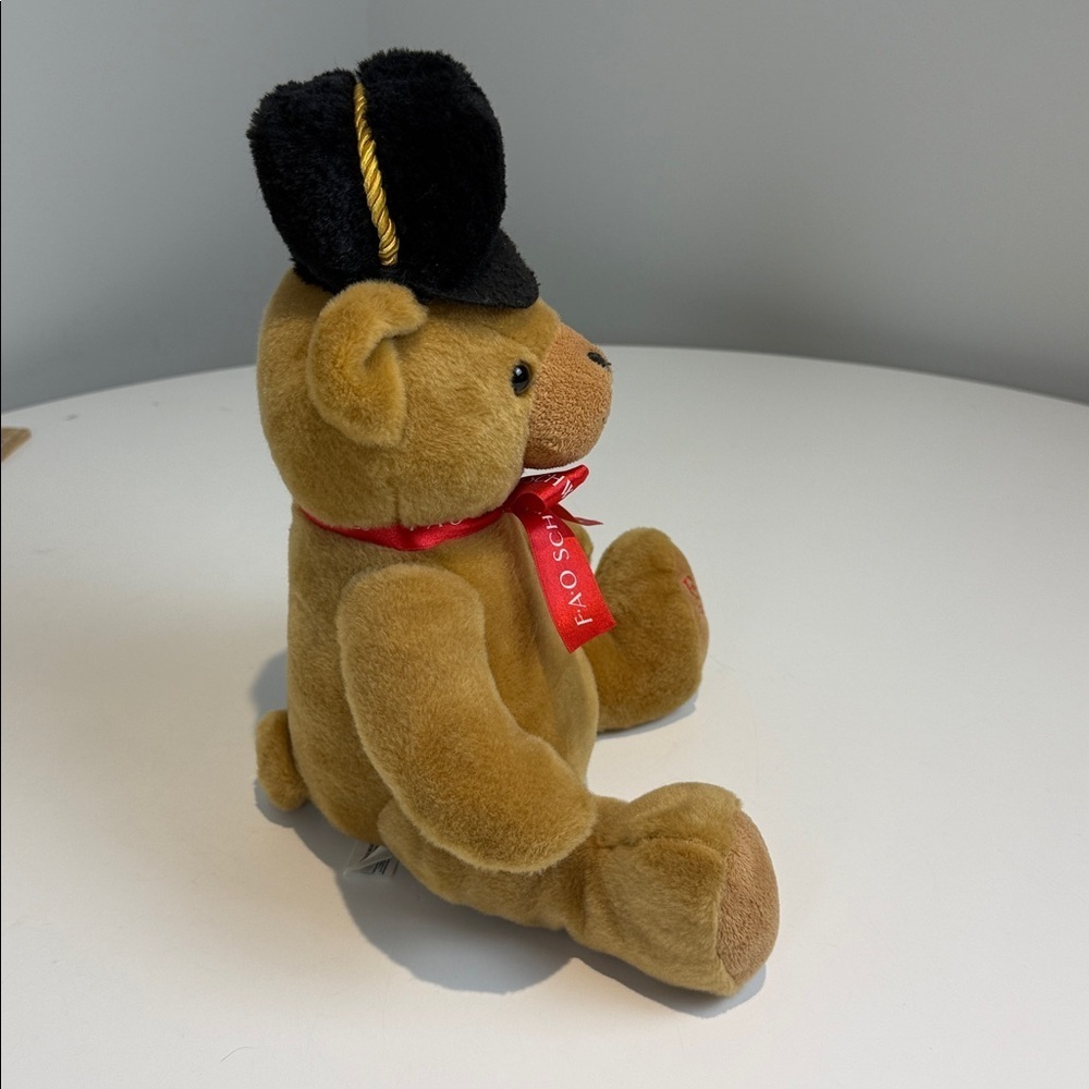FAO Schwarz Tan Teddy Bear with Black Hat and Red Ribbon - Picture 3 of 5
